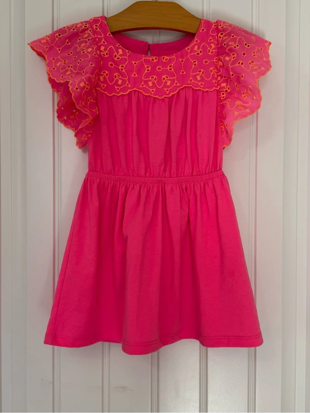 Lilly Pulitzer Girls Evette Dress Pink Isle XS (2-3) Eyelet Flutter Sleeve